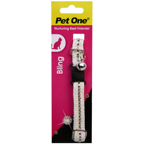 Pet One Breakaway Clip Imitn Diamond Cat Collar - 30cm x 12mm - White