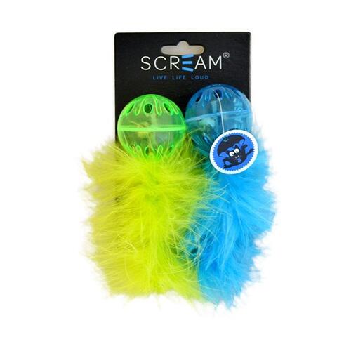 Scream Lattice Ball with Feather Cat Toy - 2 Pack - Green & Blue